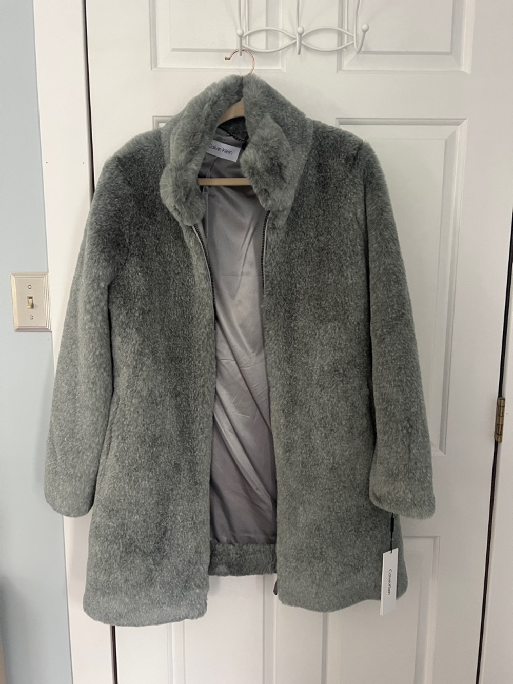 Calvin Klein Soft Faux Fur Teddy Coat in Gray-Green